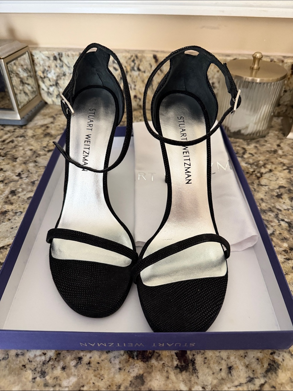 Stuart Weitzman Black Goosebump Napa Nudistsong heels. NIB